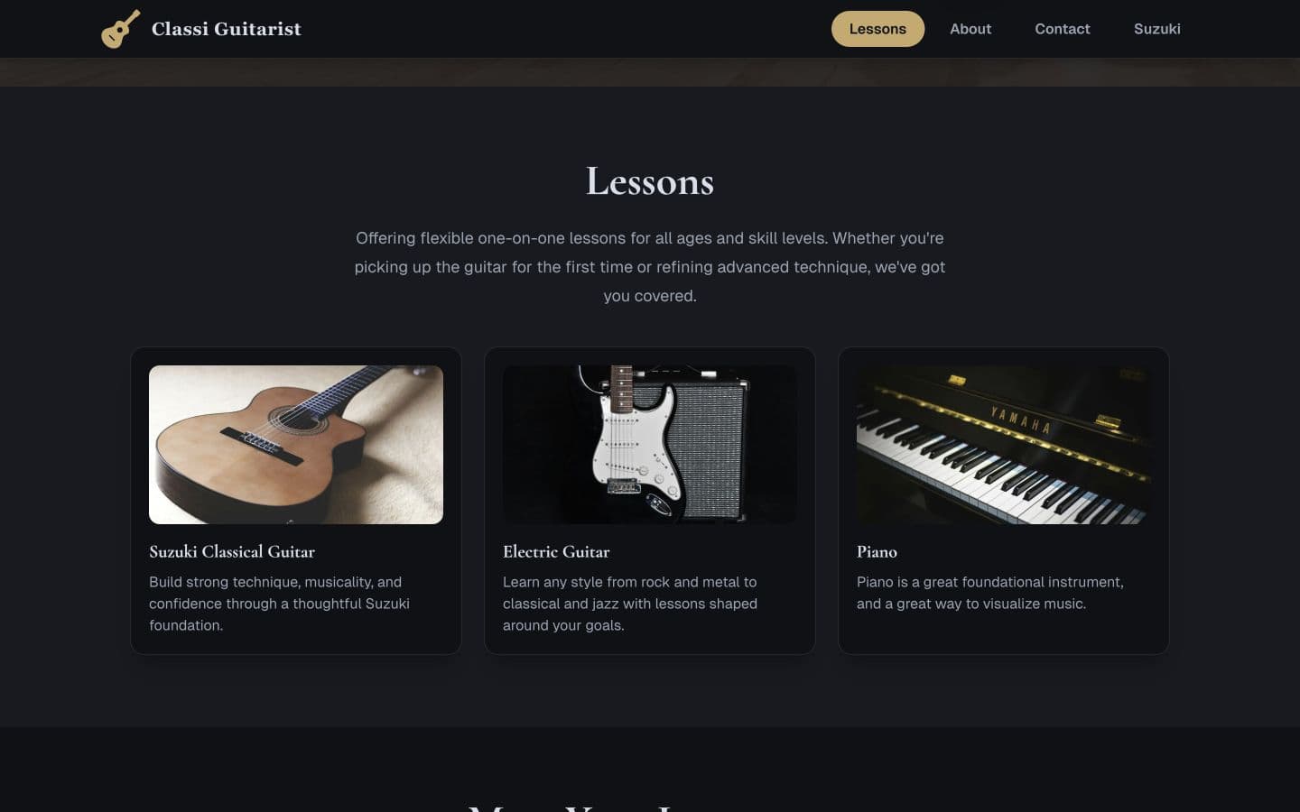 Classi Guitarist lesson cards for classical guitar, electric guitar, and piano